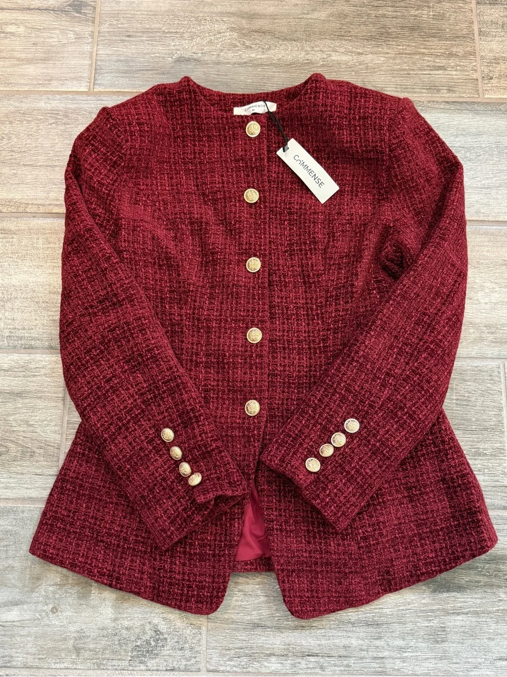 Commense Burgundy Button Down Slit Tweed Blazer - Picture 7 of 11
